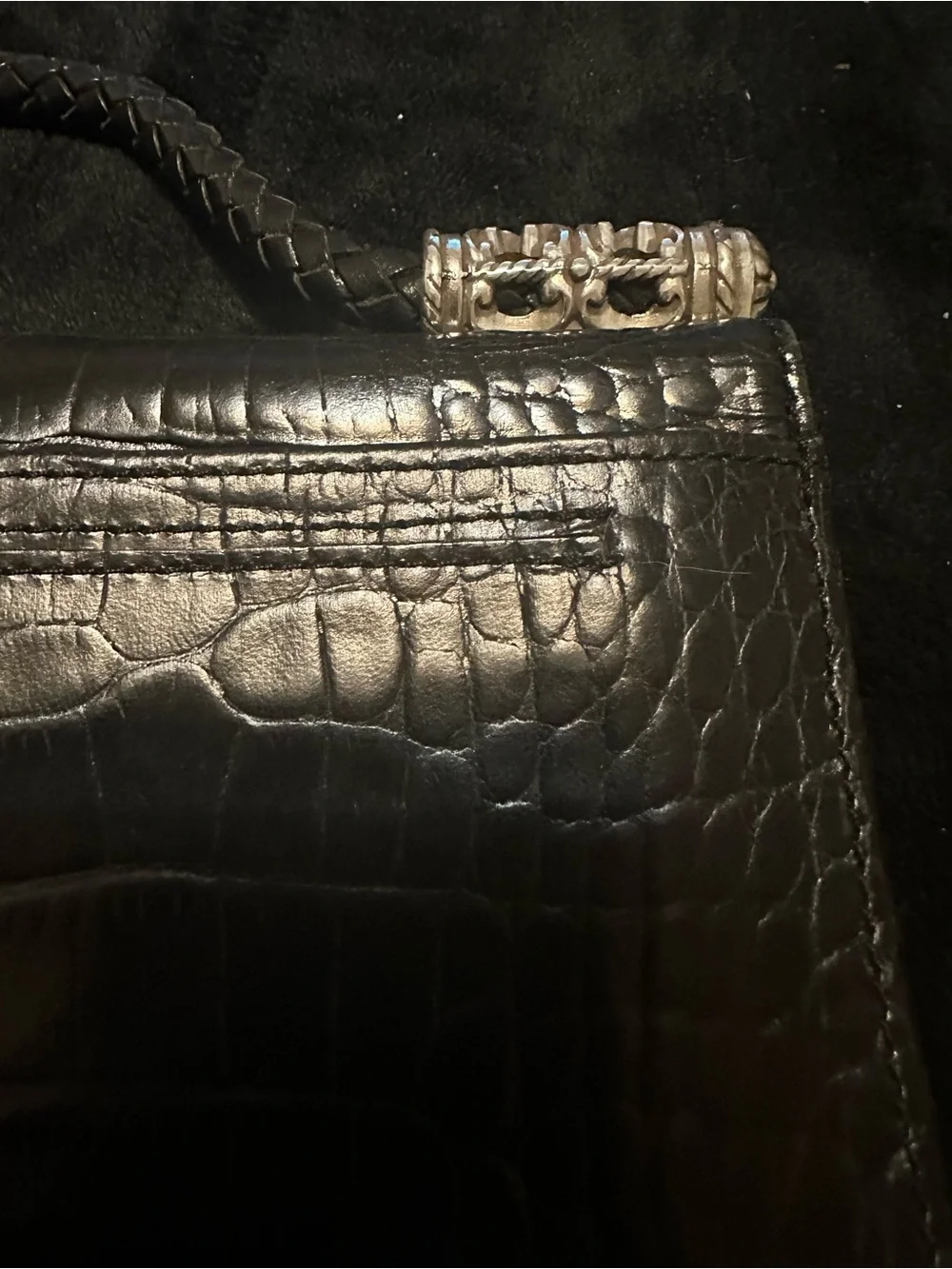 BRIGHTON Black Croc-Embossed Leather Top-Handle Bag Compartments GALORE